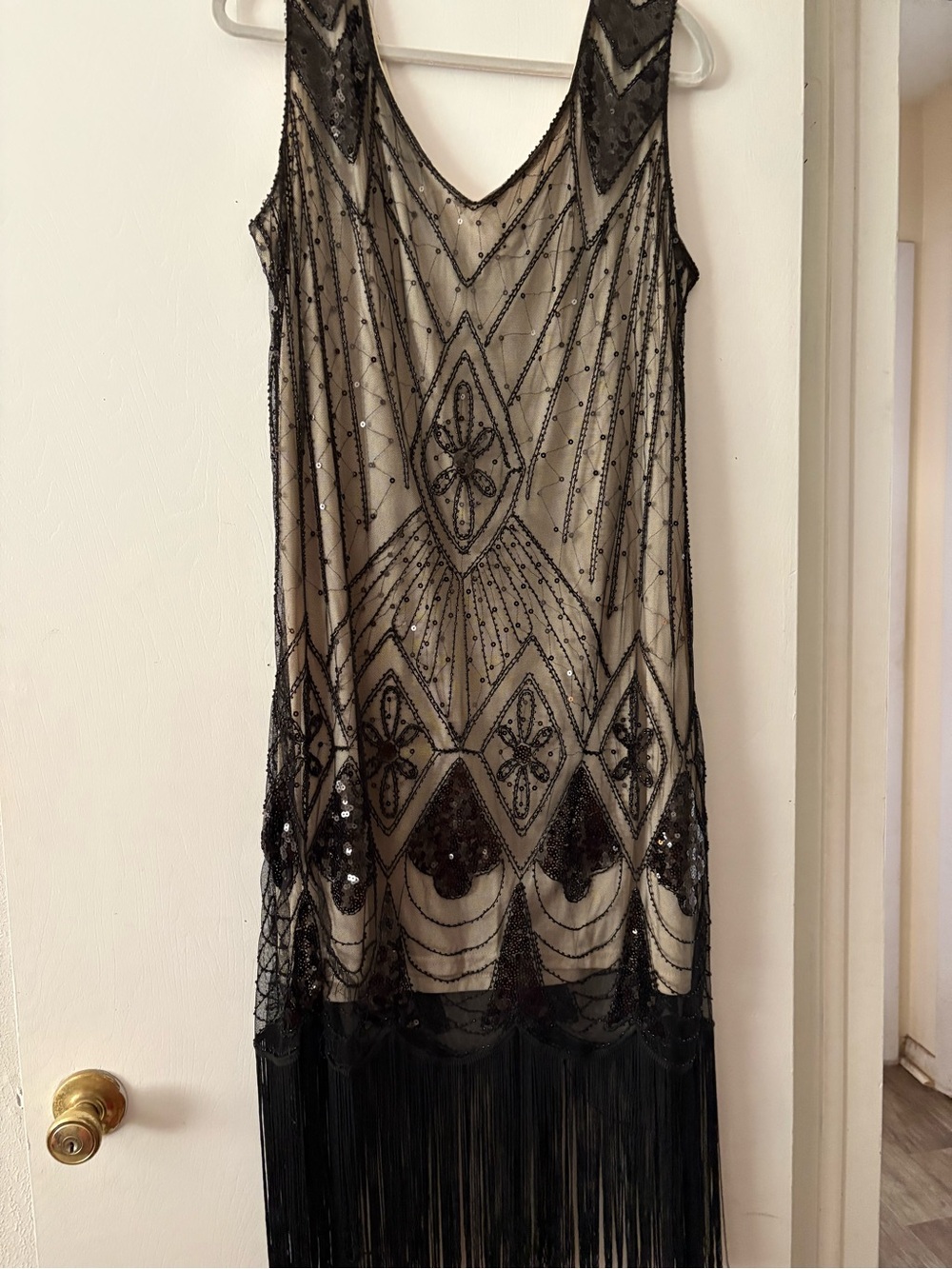 Unique Vintage Black Beaded Art Deco Fringe Dress size 16